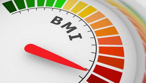 Body mass index meter read high level result. Color scale with arrow from green to red